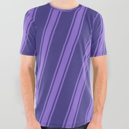 [ Thumbnail: Dark Slate Blue and Purple Colored Stripes Pattern All Over Graphic Tee ]