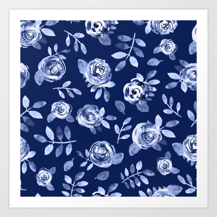 Hand Painted Navy Blue White Watercolor Floral Roses Pattern Art
