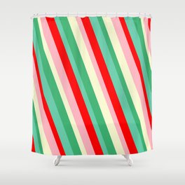 [ Thumbnail: Vibrant Sea Green, Aquamarine, Red, Light Pink, and Light Yellow Colored Stripes Pattern Shower Curtain ]