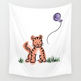 Baby Tiger with Purple Balloon Wall Tapestry