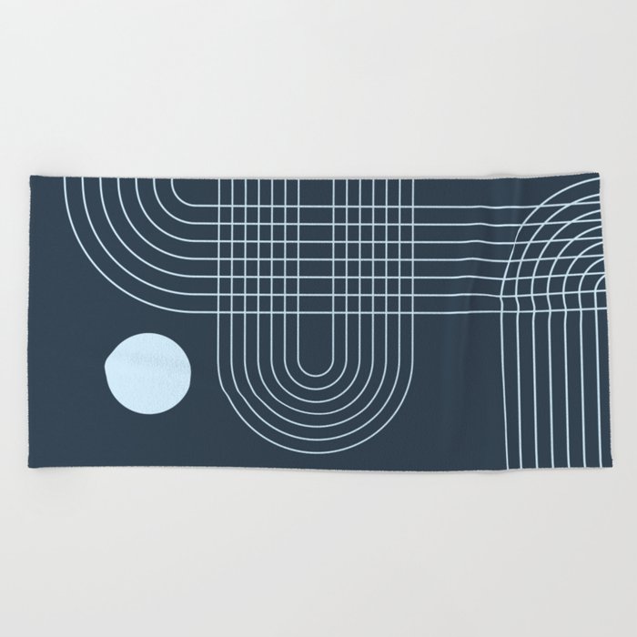 Geometric Lines in night Blue 4 (Sun and Rainbow Abstraction) Beach Towel