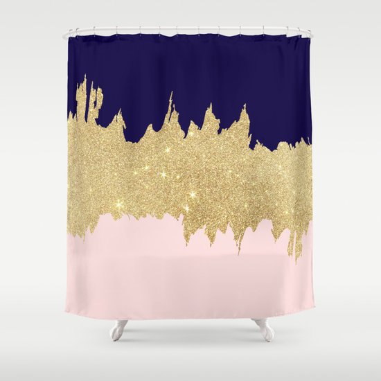 Modern Navy Blue Blush Pink Gold Glitter Brushstrokes Shower Curtain By Water Society6 - Blush Pink Glitter Shower Curtain