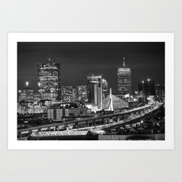 Boston MA Skyline and Zakim Bridge at Night in Black and White Art Print