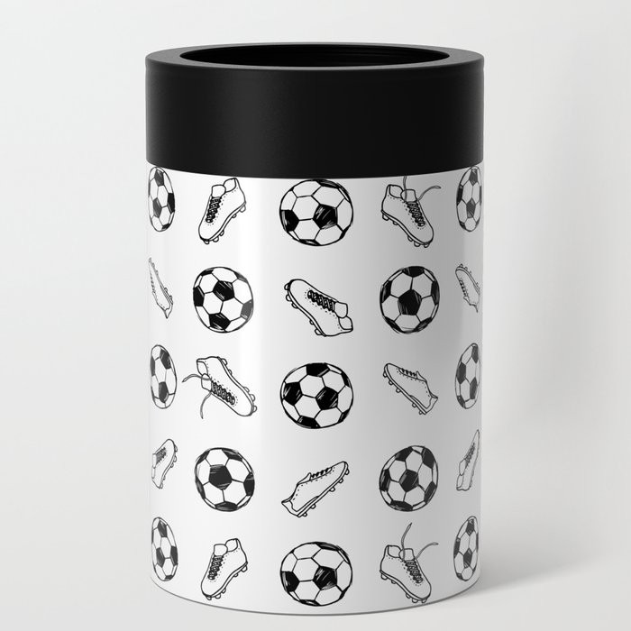 Soccer balls and boots doodle pattern. Digital Illustration Background Can Cooler