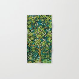 William Morris Tree of Life Emerald Twilight floral textile 19th century pattern print for drapes, curtains, pillows, duvets, comforters, and home and wall decor Hand & Bath Towel