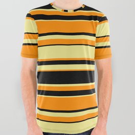 [ Thumbnail: Dark Orange, Black, and Tan Colored Lines Pattern All Over Graphic Tee ]
