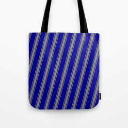 [ Thumbnail: Dark Blue & Grey Colored Striped Pattern Tote Bag ]