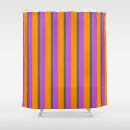 [ Thumbnail: Orchid, Dark Olive Green, and Dark Orange Colored Lines Pattern Shower Curtain ]