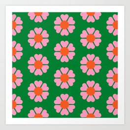 70s Retro Flower Power Pattern in Green, Pink & Orange Art Print
