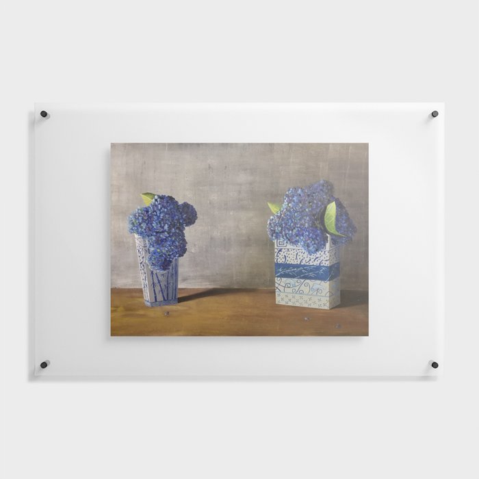 Blue Hydrangeas in Unique Chinese Vases Floating Acrylic Print