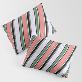 [ Thumbnail: Light Coral, Sea Green, Lavender & Black Colored Lined Pattern Pillow Sham ]