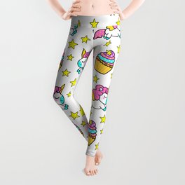Cute colorful magical baby unicorns and sweet yummy cupcakes and bright golden stars cartoon white pattern design. Nursery decor ideas. Funny gifts for unicorn lovers. Leggings