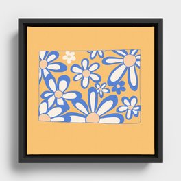 FlowerPower - Yellow Blue Colourful Retro Minimalistic Art Design Pattern Framed Canvas