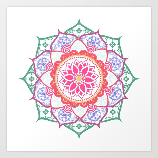 Decorative Coloured Flower Mandala Green Purple Blue Pink Art Print