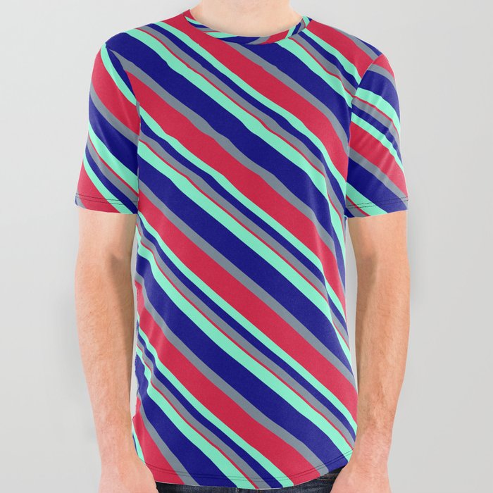 Aquamarine, Blue, Light Slate Gray & Crimson Colored Lines/Stripes Pattern All Over Graphic Tee