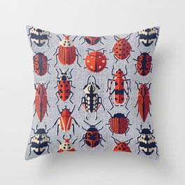 These don't bug me // light grey background neon red and black and ivory retro paper cut beetles and insects Throw Pillow