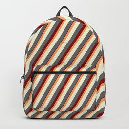 [ Thumbnail: Brown, Beige, Dim Gray, and Dark Red Colored Lined Pattern Backpack ]