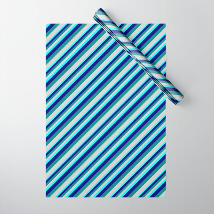 Aqua, Blue, Dark Cyan, and Light Gray Colored Lined/Striped Pattern Wrapping Paper
