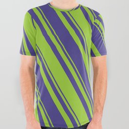 [ Thumbnail: Dark Slate Blue and Green Colored Stripes Pattern All Over Graphic Tee ]