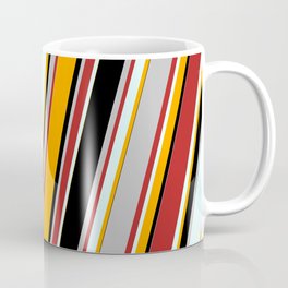 [ Thumbnail: Eyecatching Red, Light Cyan, Orange, Black, and Grey Colored Lines/Stripes Pattern Coffee Mug ]