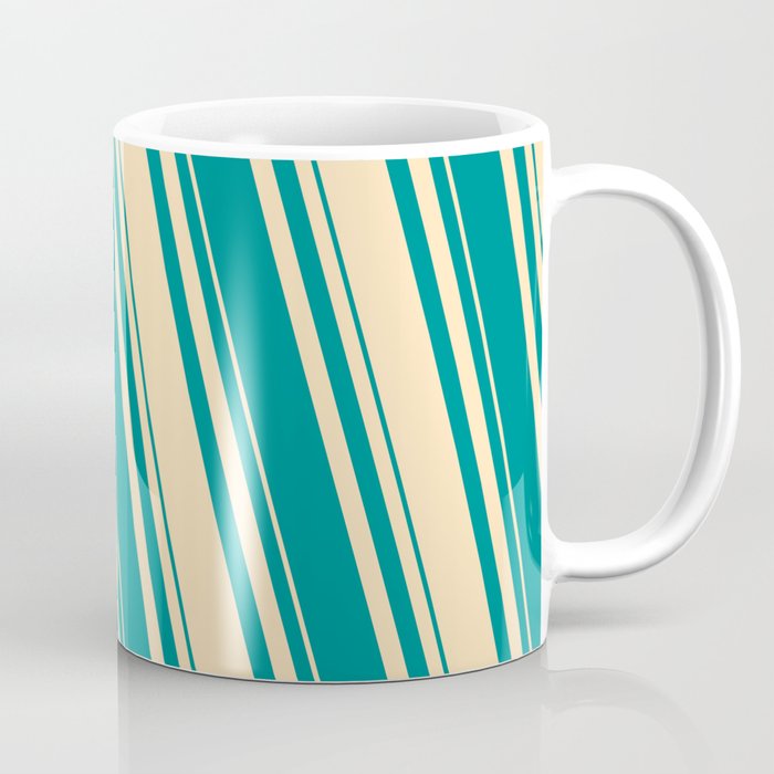 Beige & Dark Cyan Colored Lines/Stripes Pattern Coffee Mug