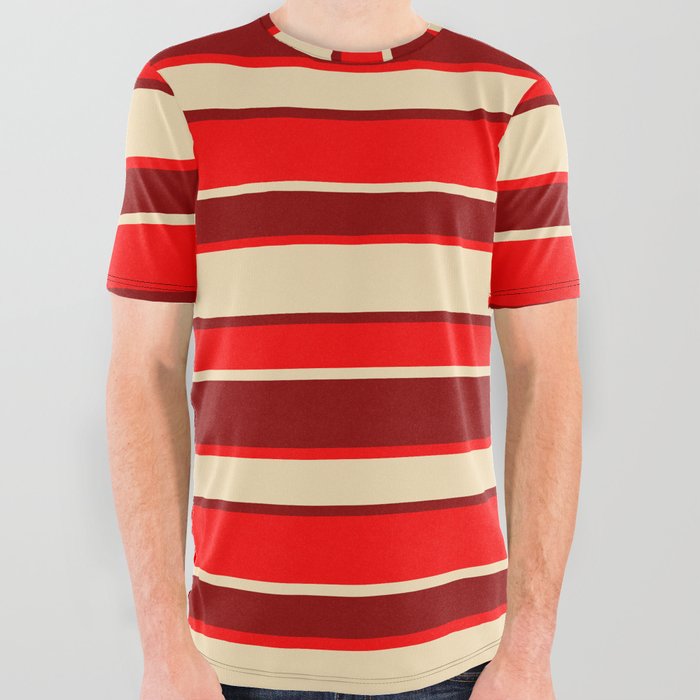 Dark Red, Red, and Tan Colored Striped Pattern All Over Graphic Tee