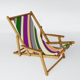 [ Thumbnail: Colorful Purple, Grey, Light Yellow, Brown & Dark Green Colored Pattern of Stripes Sling Chair ]
