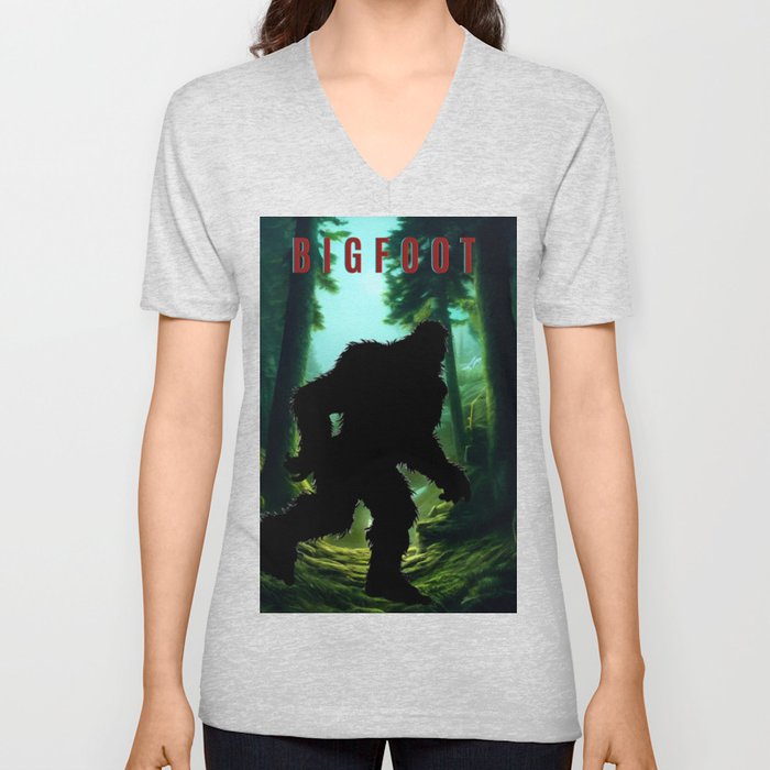 Bigfoot sasquatch walking through the green twilight dark forest mountain woods funny humorous art print poster / posters V Neck T Shirt