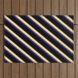 [ Thumbnail: Vibrant Dark Goldenrod, Light Cyan, Brown, Midnight Blue & Black Colored Stripes/Lines Pattern Outdoor Rug ]