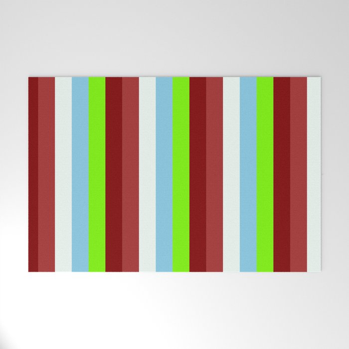 Colorful Brown, Mint Cream, Sky Blue, Green, and Maroon Colored Stripes/Lines Pattern Welcome Mat