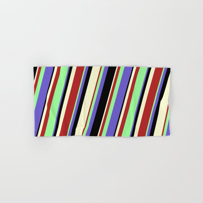Green, Slate Blue, Black, Light Yellow, and Red Colored Stripes Pattern Hand & Bath Towel