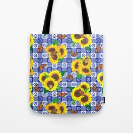 Sunflowers and Monarch Butterflies Gingham - Blue Tote Bag