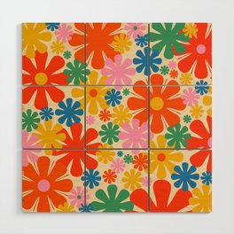 Retro 60s 70s Aesthetic Floral Pattern in Rainbow Pop Colours Wood Wall Art