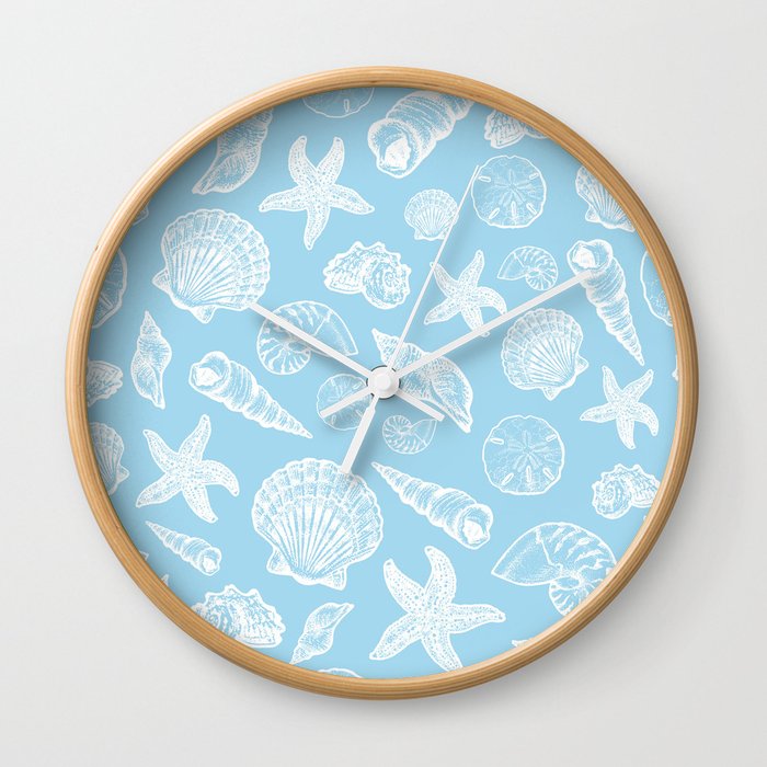 Seashell Print - Light Blue and White Wall Clock