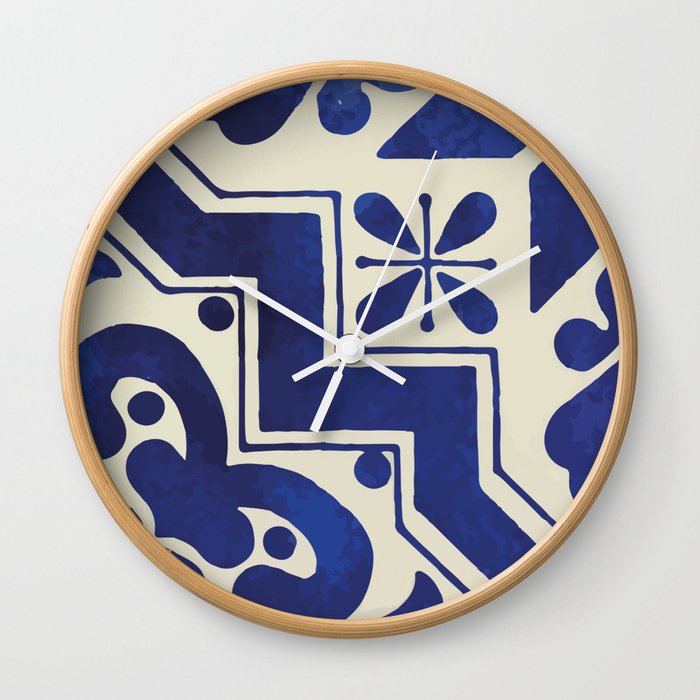Geometric deep blue neo mexican talavera tile Wall Clock