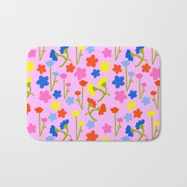 Colorful 80’s Retro Summer Flowers On Pastel Pink Bath Mat