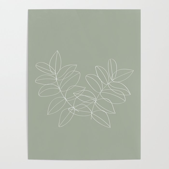Boho Sage Green, Decor, Line Art, Botanical Leaves Poster