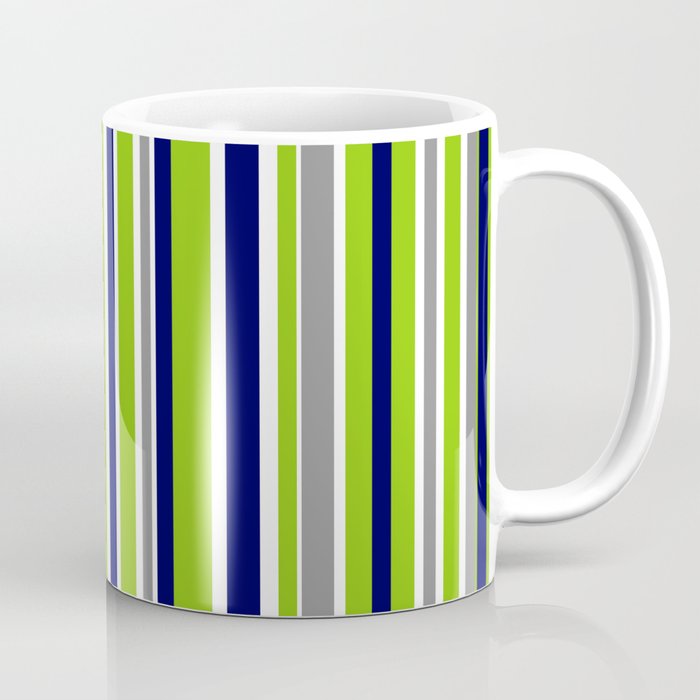 Lime Green Bright Navy Blue Gray and White Vertical Stripes Pattern Coffee Mug