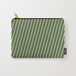 [ Thumbnail: Eye-catching Tan, Dark Grey, Midnight Blue, Chartreuse, and Black Colored Stripes/Lines Pattern Carry-All Pouch ]