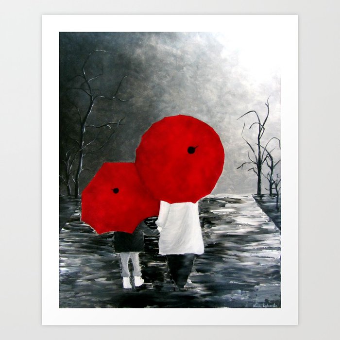 Black White Red Mother And Child With Umbrella Print Of Painting