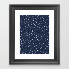 Moon Stars Pattern - Dark Blue Framed Art Print