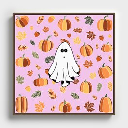Ghost, pumpkins and leafs Framed Canvas