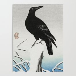 Crow sitting on a snowy pole - Japanese vintage woodblock print Poster