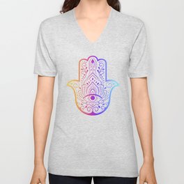 Colorful Hamsa hand drawn symbol with flower. Decorative pattern in oriental style for interior decoration and henna drawings. V Neck T Shirt