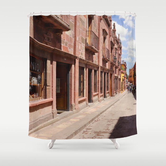 Mexico Photography - Mexican Street Filled With Stores Shower Curtain