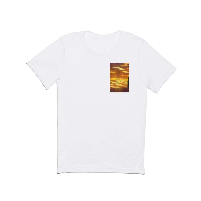 Orange sunset with silhouette of church bell tower in Tabor, Czech Republic.  Watercolor painting or T Shirt