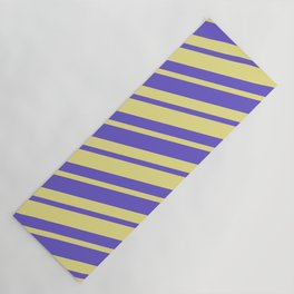 [ Thumbnail: Tan and Slate Blue Colored Lined/Striped Pattern Yoga Mat ]