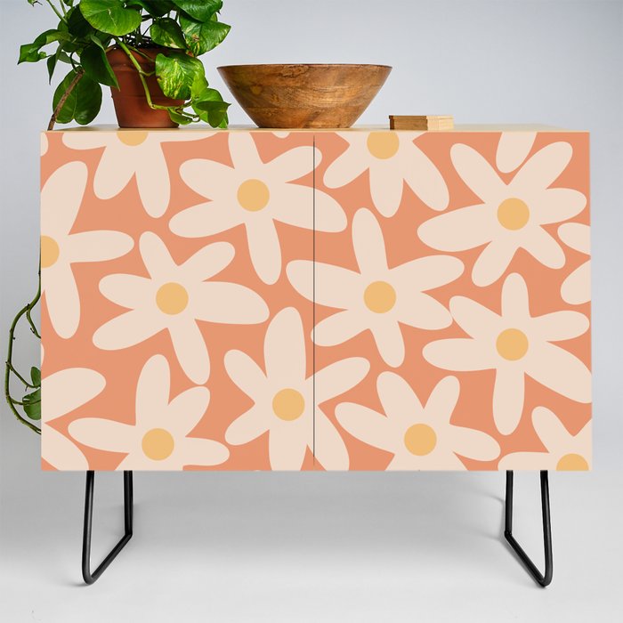 Daisy Time Retro Floral Pattern Peach Apricot Blush Credenza