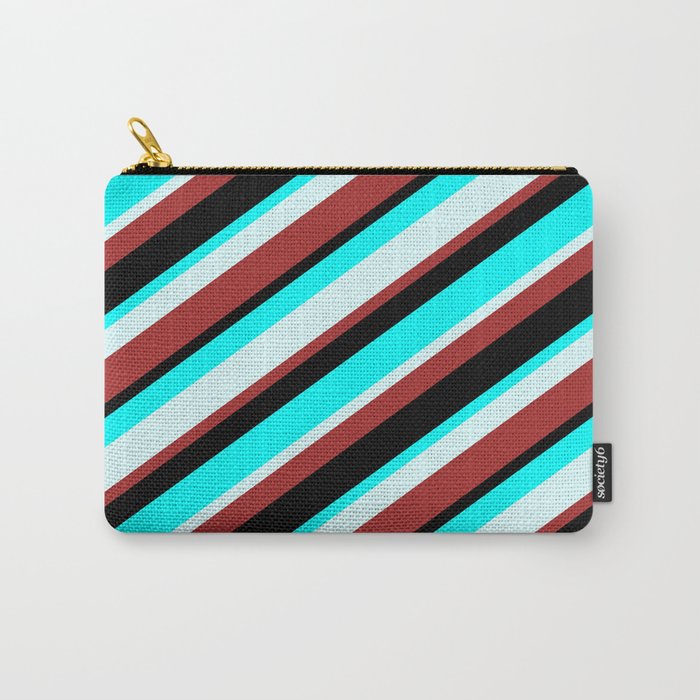Aqua, Light Cyan, Brown & Black Colored Lined Pattern Carry-All Pouch