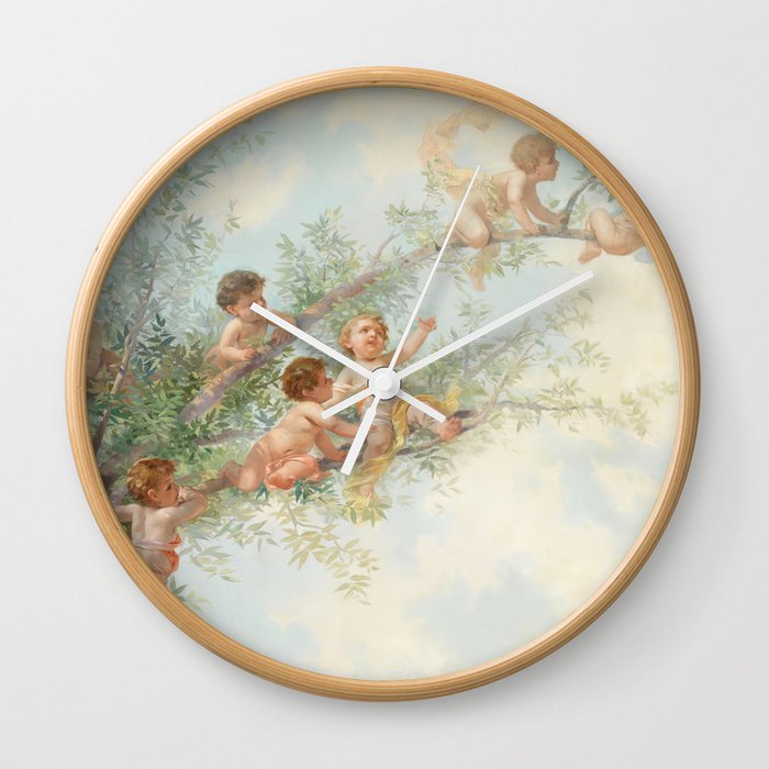 Cherub Tree Painting Amorcillos en una rama intentando coger un nido Wall Clock